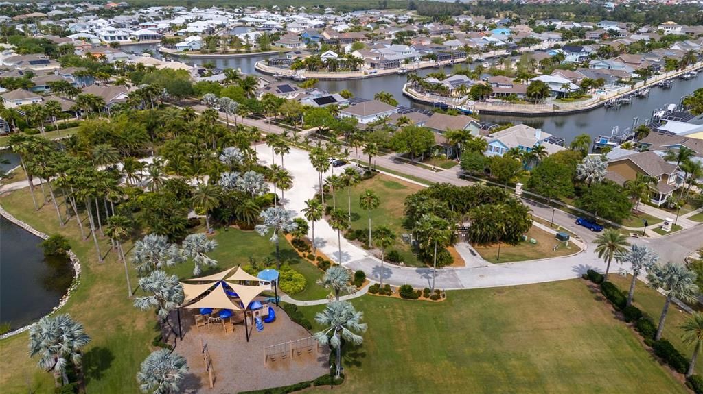 The Landings Park provides playground, playing field, picnic areas, tiki huts, boat ramp & kayak launch.