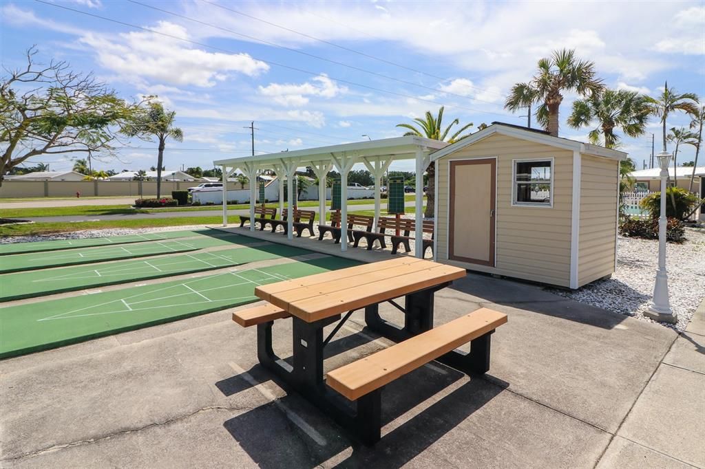 Shuffle board court with picnic table