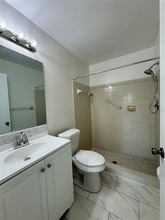 Master bath with walk in shower, new paint, tile flooring, toilet and vanity.