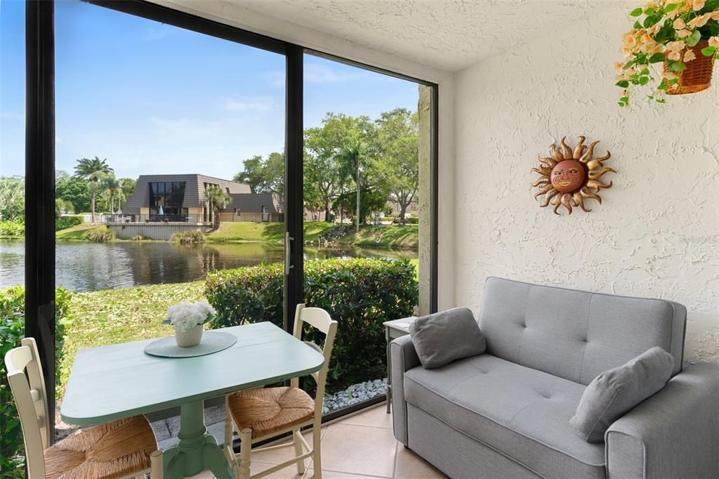 Covered patio with lake view