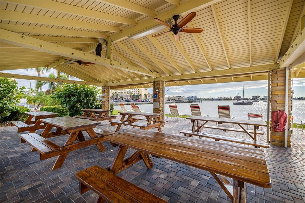 Picnic tables by the water