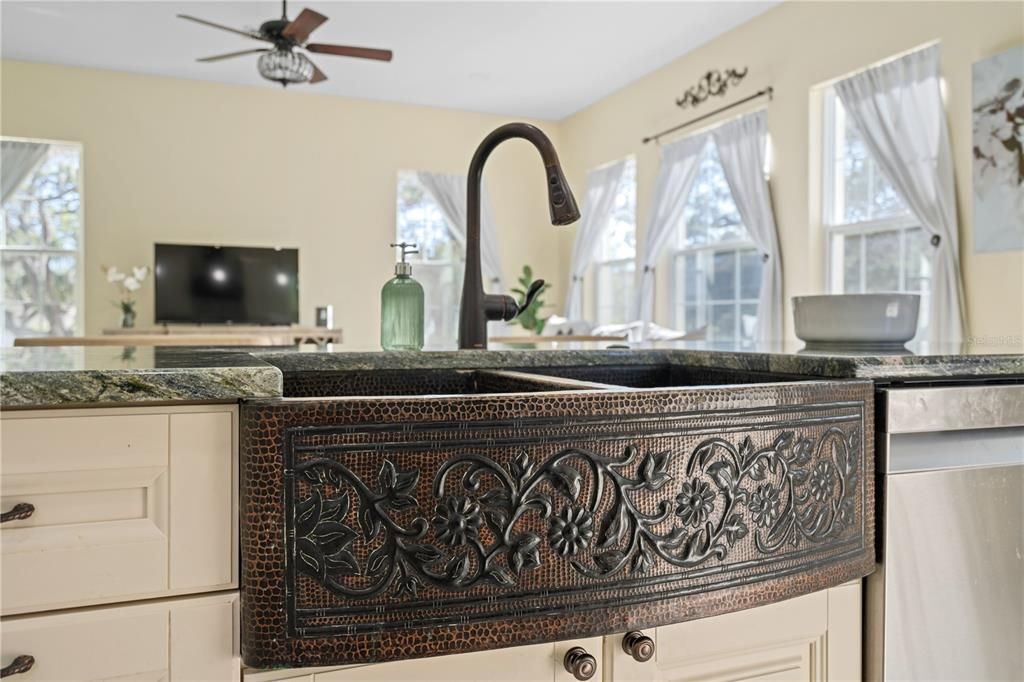 Custom designed sink made of copper, the most effective anti-bacterial surface.