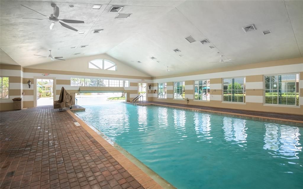 Heated portion of Indoor Pool with Restrooms and Sauna