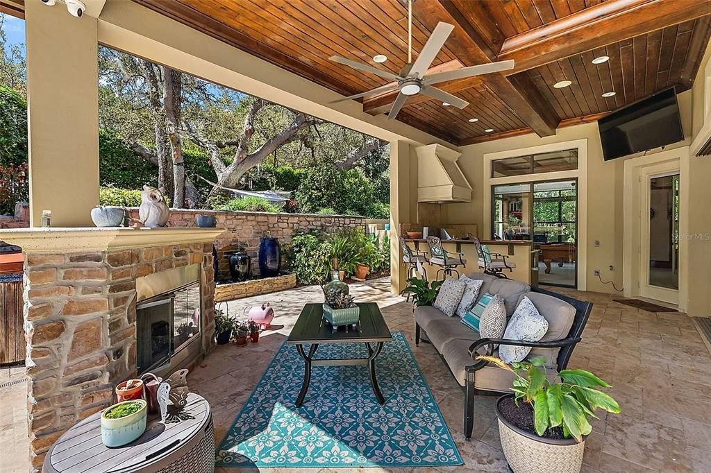 Outdoor sitting area with fireplace