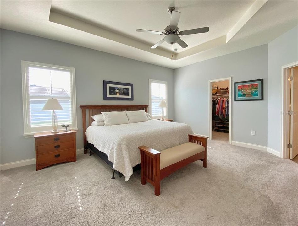 Master Bedroom with Trey Ceiling and Ceiling Fan