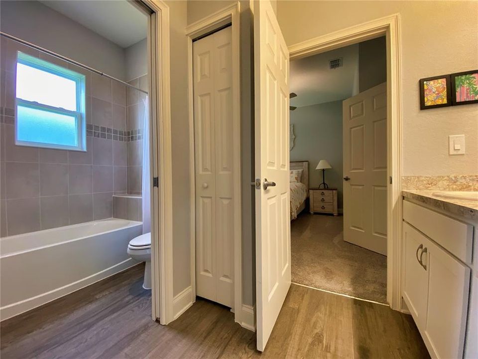 Jack and Jill Bathroom between Bedroom 4 and Bedroom 3. Linen Closet and Shower/Tub Combo