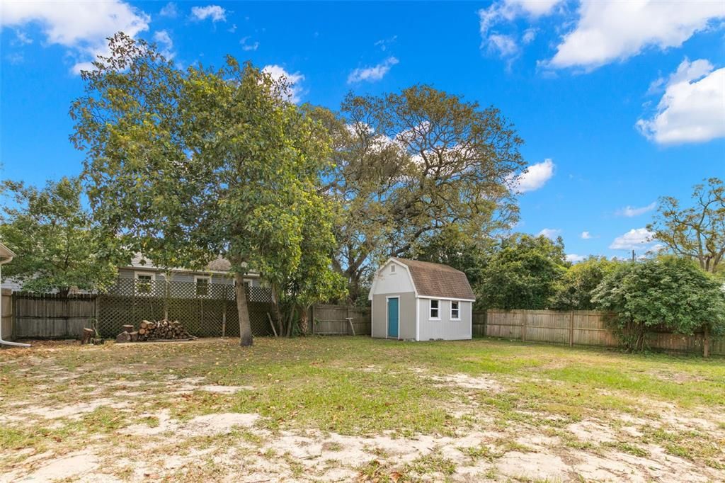 Large fenced in backyard with privacy fence and large shed.
