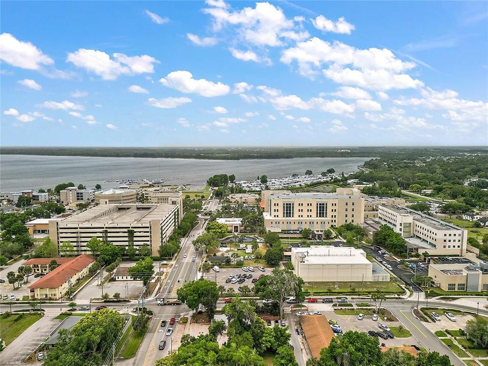 Drone of Business District/Lake Dora and Marina in background