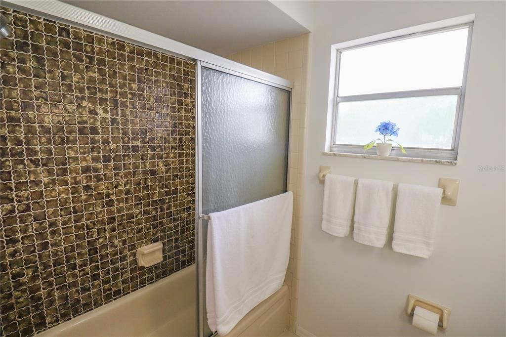 A view of the second bathroom shower with a tub.