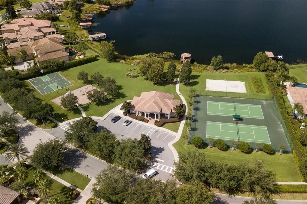 Sand volleyball court, racquet ball court, gym clubhouse, playground and basketball courts.