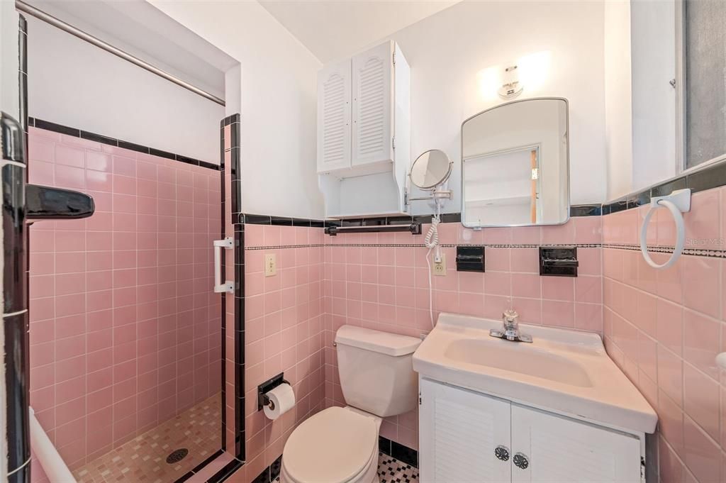 Original 1950's pink primary bathroom with shower.
