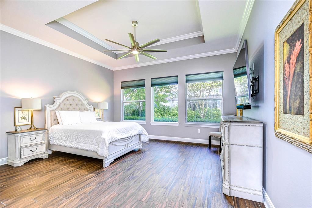 Primary suite with wood-look tile floors, tray ceilings, and stunning views!