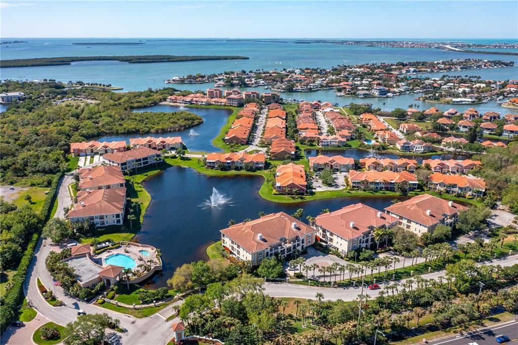 Aerial photo of Marina Bay community, looking south toward the Sunshine Skyway Bridge.