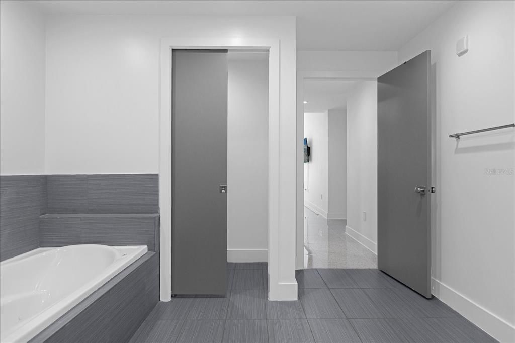 Pocket door to toilet room. NOTE: rich grey tones on all interior doors