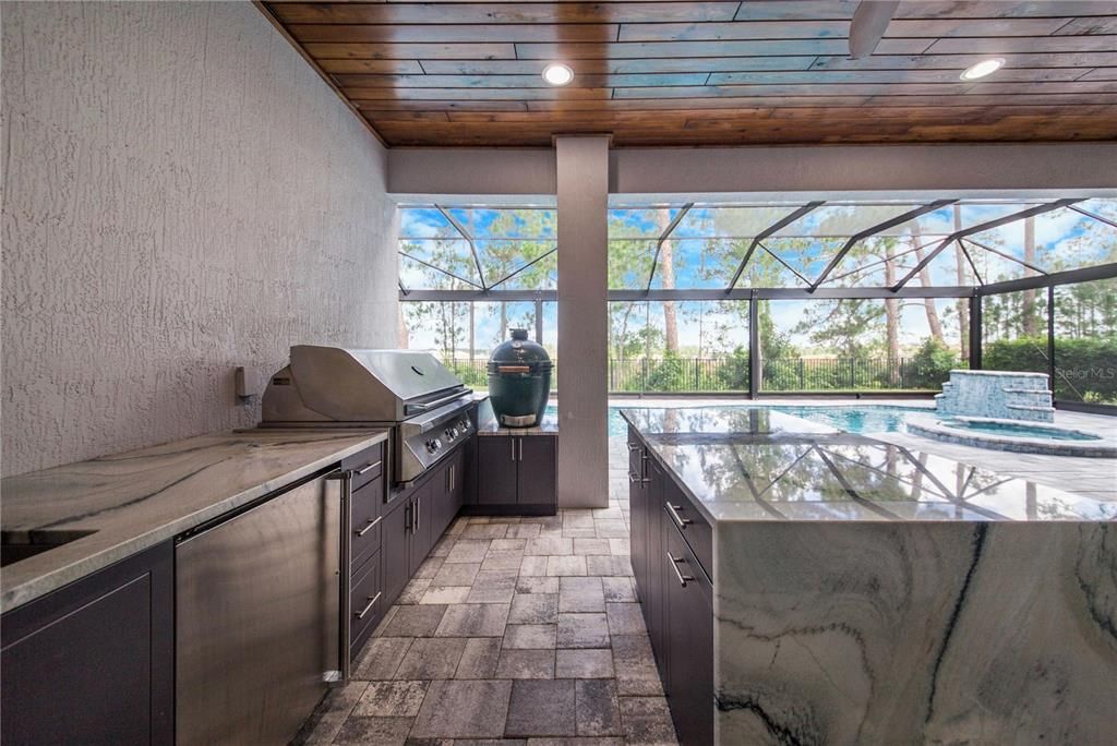 Close up Summer Kitchen View with Waterfall Edge Quartzite Counters, Grill, Beverage Fridge and Green Egg