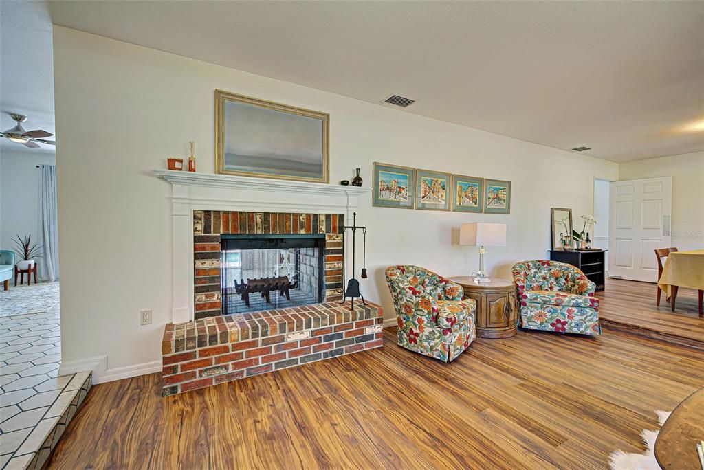 Living room with double sided fireplace