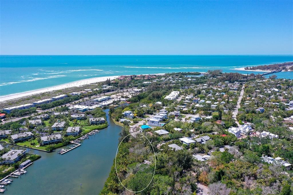 620 Jackson Way and Lot 1 Jackson Way towards Gulf of Mexico and Longboat Pass Bridge and south end of Coquina Beach