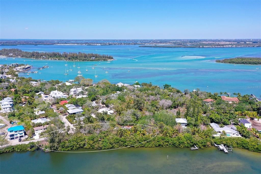 Lot 1 Jackson Way on left of oval, 620 Jackson Way on right of oval, The Shore Restaurant and Mar Vista, Jewfish Key, Cortez and Bradenton beyond