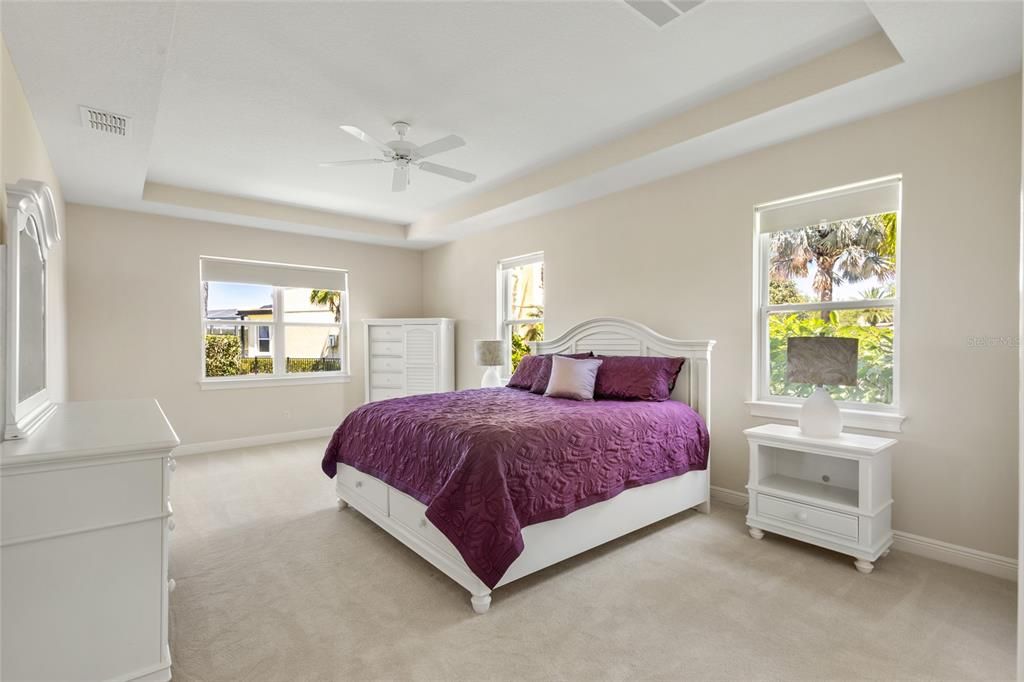 FIRST FLOOR MASTER BEDROOM with plush new carpeting, tray ceiling and ceiling fan and ensuite master bath.