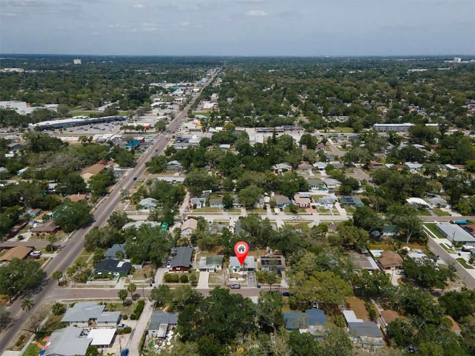 An aerial view of the front of your home. The road running through this photo is 49th Street, a main thoroughfare through Pinellas County. Stay on it towards north county and it will take you to the St Petersburg/Clearwater airport, direct route!