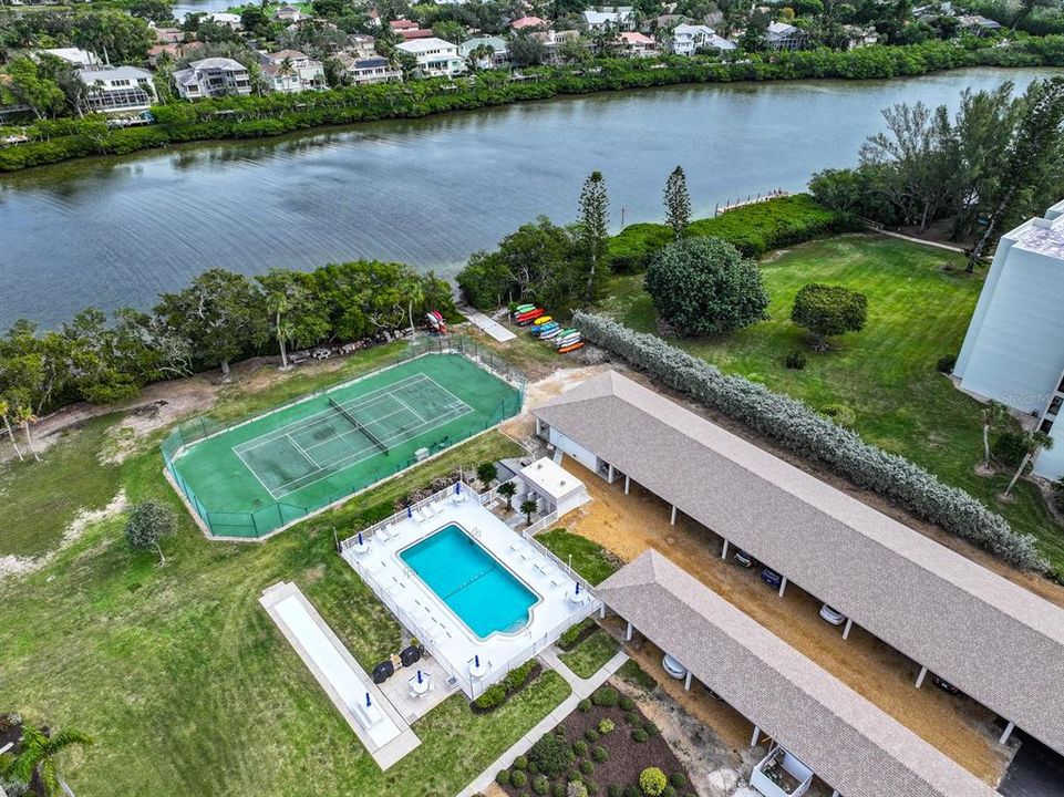 Aerial of Community pool, tennis and boat launch