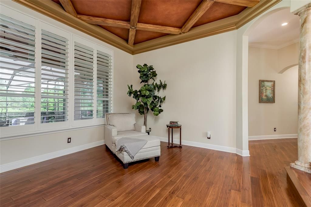 beautiful formal living room with a decorative designer coffered ceiling, and plantation shutters.