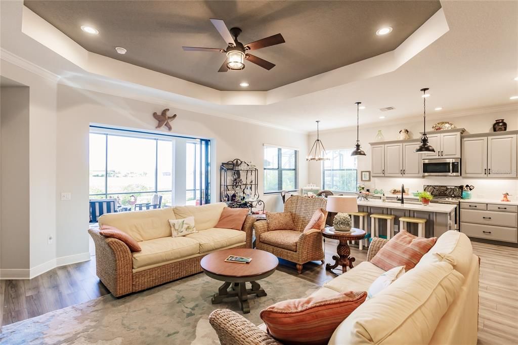 Great Room With Coffered Ceiling