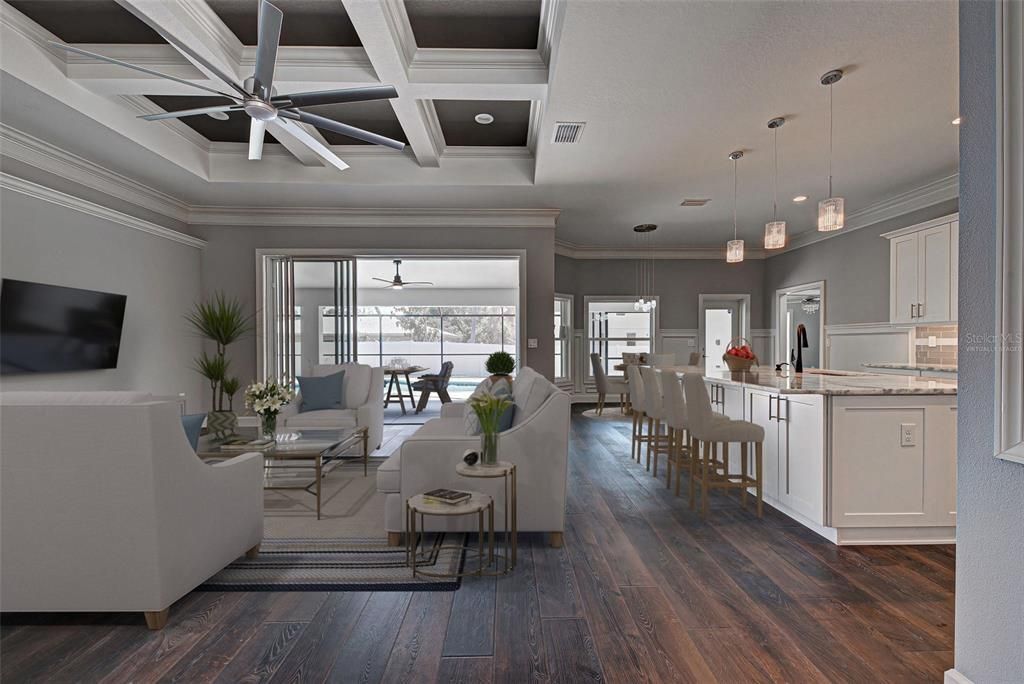 Virtually staged.  Open and split floorplan offers over 2200 feet of luxurious living space.  So many upgrades, to include coffered ceiling in the great room, tray ceilings and crown molding and luxury vinyl plank flooring throughout.