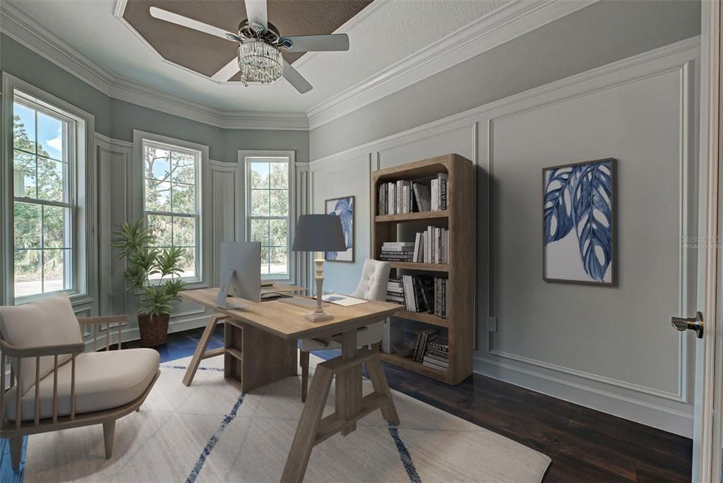 Virtually staged.  Just what everyone wants - a den which would be the perfect home office or craft room.  You will appreciate the stunning woodwork, large windows for natural light, crown moding and beautiful light/fan fixture.