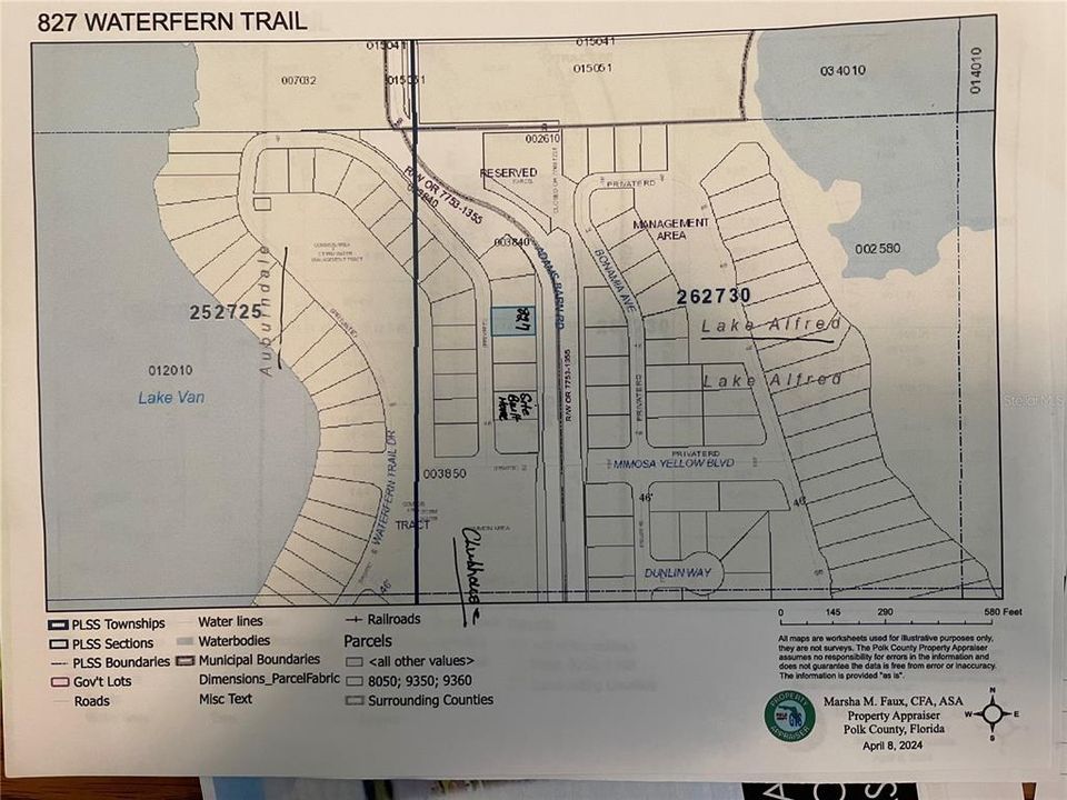 POLK COUNTY PROPERTY APPRAISER VIEW OF 827 WATERFERN TRAIL DR LOCATION. CLUBHOUSE IS LOCATED 4 LOTS SOUTH FROM VACANT LOT.