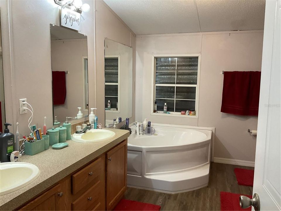 Master bathroom with walk in closet and soak tub and separate shower