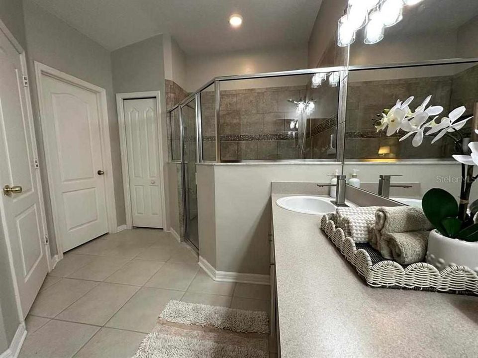 Primary Bathroom with dual sink vanity, walk-in shower, walk-in closet and private toilet