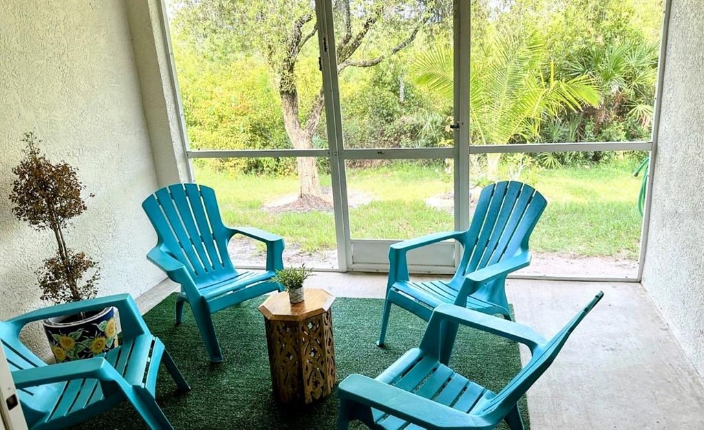 Screened back porch overlooking lush trees