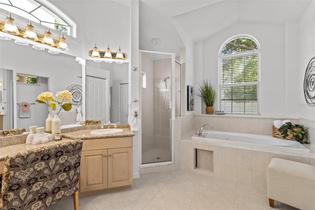 Double sinks, a make-up area, shower, jacuzzi tub, and a separate toilet room. The natural light in this master bath is amazing as well! Plenty of storage too!