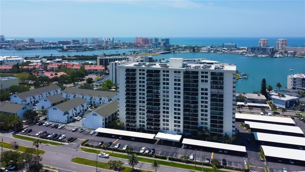 Aerial view of front of building looking toward Clearwater Beach.