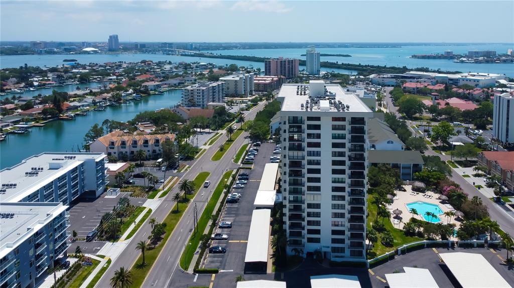 Aerial view looking south toward the Causeway; left to City of Clearwater and right to the beach.