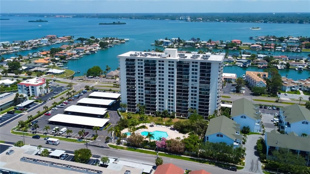 Aerial view of the pool side, looking east to the City of Clearwater.