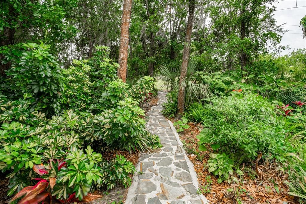 Stone Walkway Through Tropical Folaige to Greenspace & Neighborhood Trails