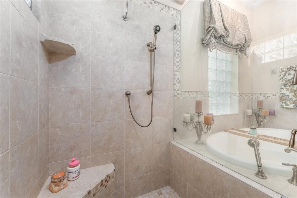 Walk in Shower with Decorative Tile, Sitting Bench & Built in Tile Soap/Shampoo Holder