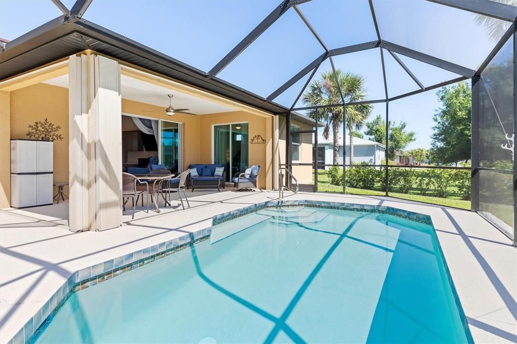 Relax in your refreshing, heated pool with step-down entry and a relaxing sun bench.