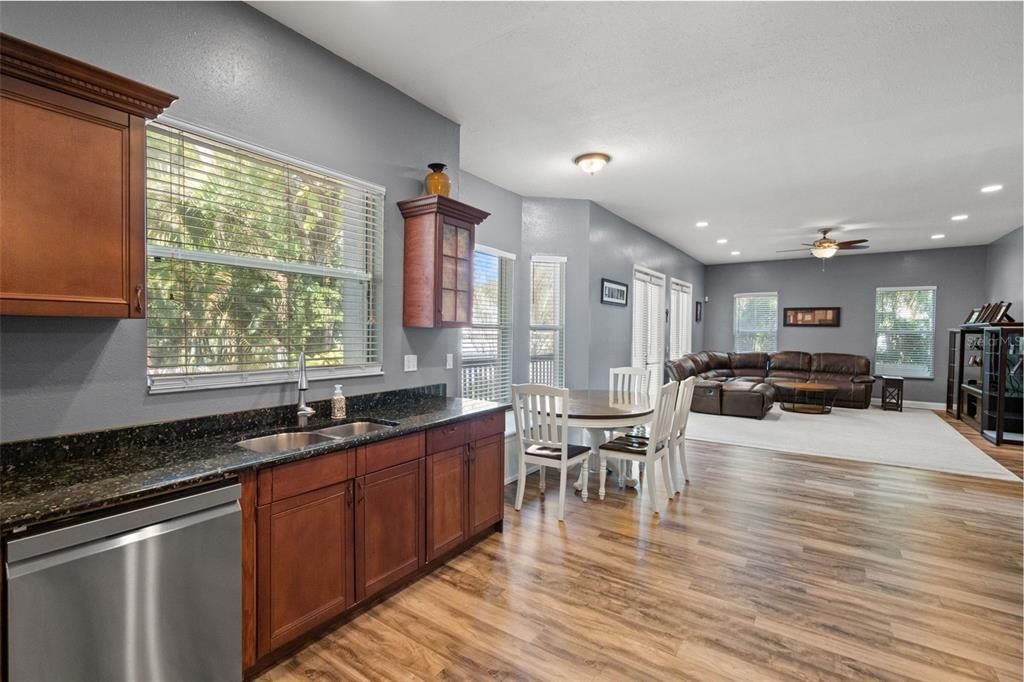 Open Concept Kitchen/Family Room with 10 ft Ceilings and French Doors to Back Deck/Yard