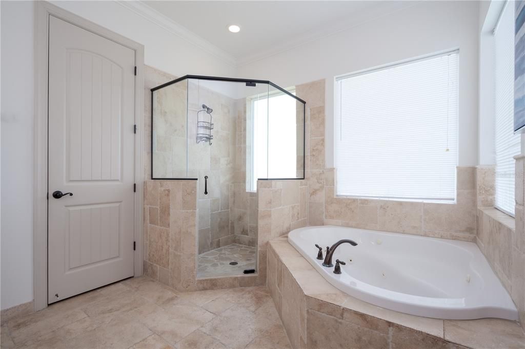 Walk in tile shower with garden bath tub