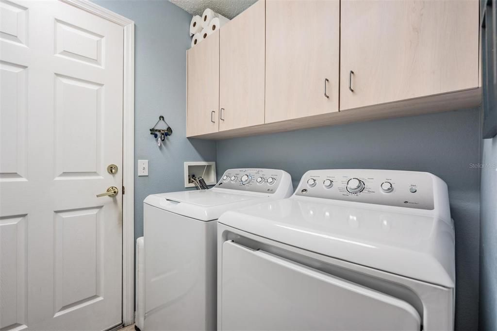 Walk-in laundry room with built-in shelving