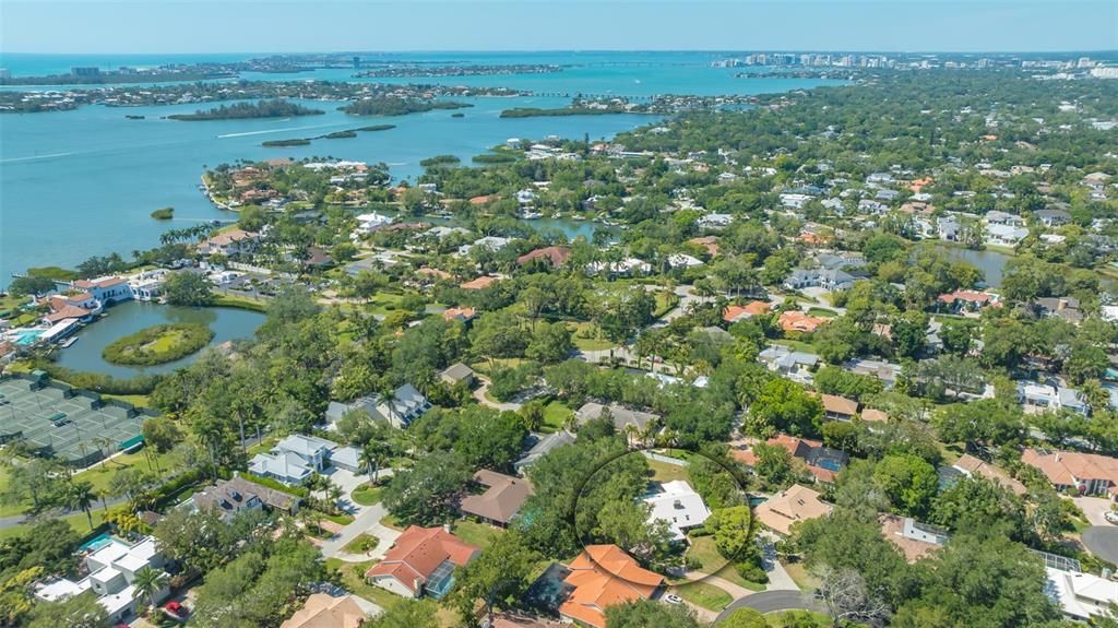 Aerial of Home (circled) andSarasota Bay, with downtown in the distance