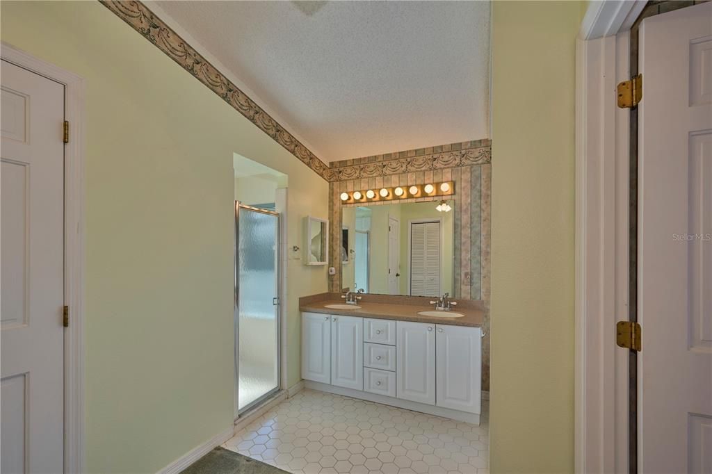 Master en suite has a double sink vanity, water closet, shower and soaking tub.