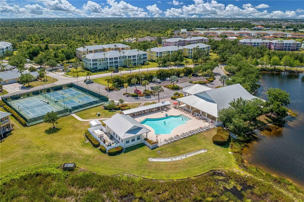 Aerial View of Community Clubhouse, Pool, Tennis