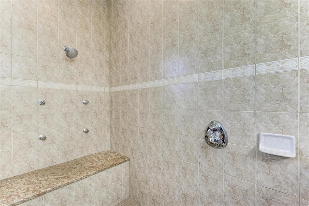 Primary shower with body sprayers and bench