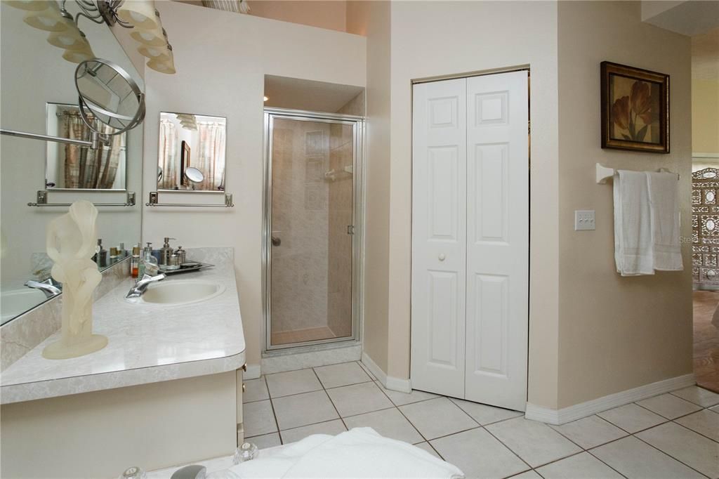 Master bath, shower and door to large walk in closet