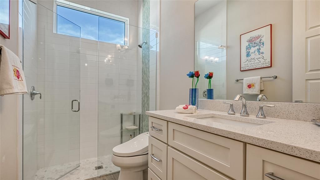 Well-appointed luxe guest bathroom