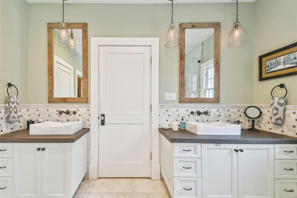 Double vanities and custom, tile backsplash